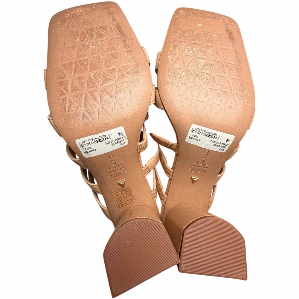 Schutz Kyrie Studded Cage Sandals Tan Leather Block Heel Ankle Strap 8 Gladiator - Picture 11 of 14